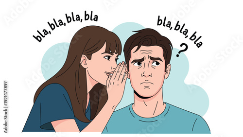 Young woman whispers secret gossip into a man's ear while he looks surprised and confused with a large question mark above his head.