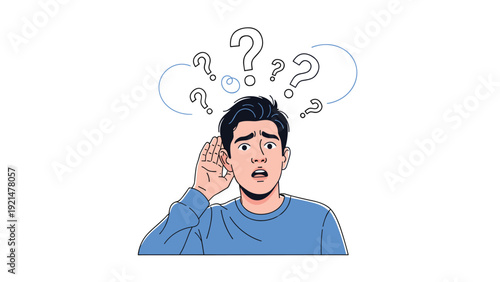 Young man in a blue sweatshirt looks highly confused and surprised with several question marks floating above his head against a white background.