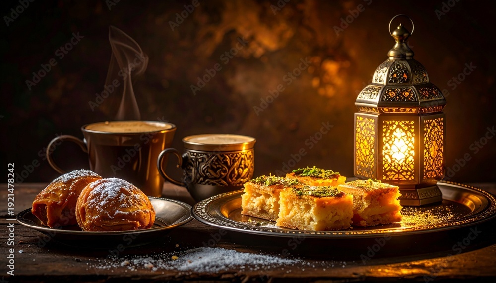 Fototapeta premium Eid al-Fitr Lebanese Maamoul and Knafeh Sweets with Arabic Coffee at Festive Table