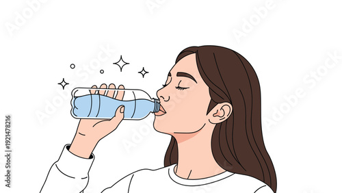Close-up profile view of a young woman with closed eyes drinking fresh water from a transparent bottle to stay healthy and hydrated every day.