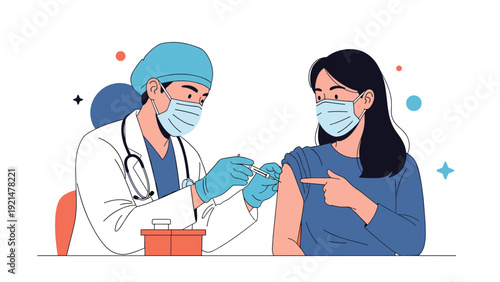 Professional male doctor in a mask and gloves administers a vaccine shot to a woman's arm to promote public health and immunization safety.