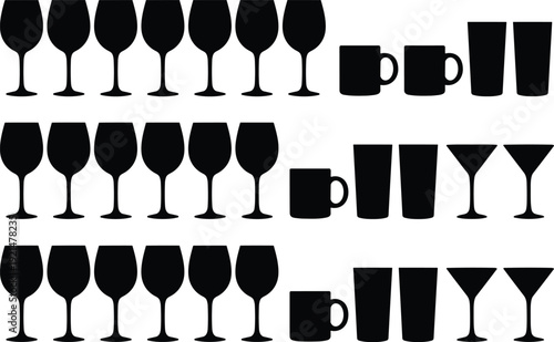Black Silhouette Collection of Assorted Glassware Including Wine Glasses, Coffee Mugs, Martini Glasses, and Tall Tumblers Isolated on a Clean White Background for Design