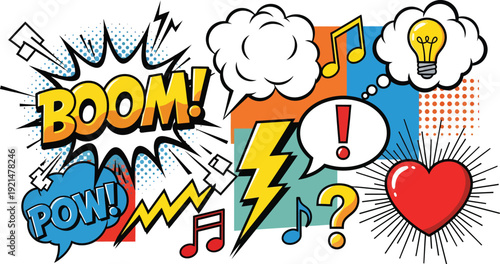 Vibrant and dynamic comic book elements in various shapes and colors, evoking a sense of excitement and expression