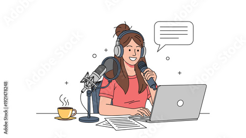 Young smiling woman recording her podcast in a modern home studio with professional equipment including laptop and microphone.