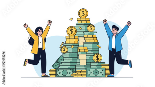 Successful young couple celebrating their financial success while jumping for joy next to a massive mountain of cash and gold coins.