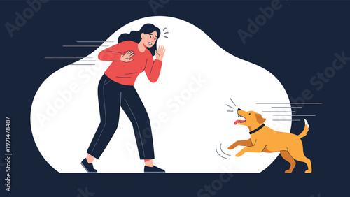 Terrified woman running away in panic from a small barking dog during an outdoor walk, depicting a scene of phobia or fear.