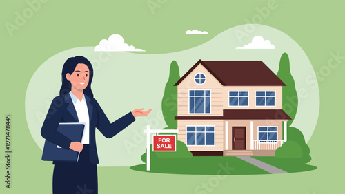 Professional female real estate agent in a suit standing in front of a beautiful two-story house with a for sale sign.
