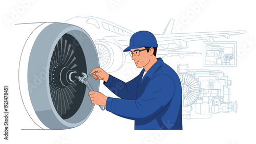 Skilled male technician wearing a uniform and cap using tools to repair and maintain a large commercial aircraft jet engine.