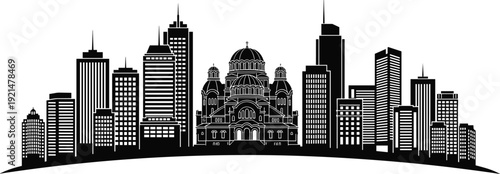 Belgrade skyline silhouette with Saint Sava Temple, urban cityscape vector illustration, Serbia architecture landmark isolated on white background