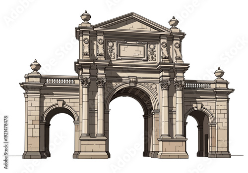 Large Stone Archway with Columns Structure.