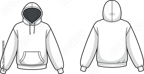Unisex hoodie sweatshirt technical flat sketch, front and back view vector template with kangaroo pocket and hood for apparel fashion design production
