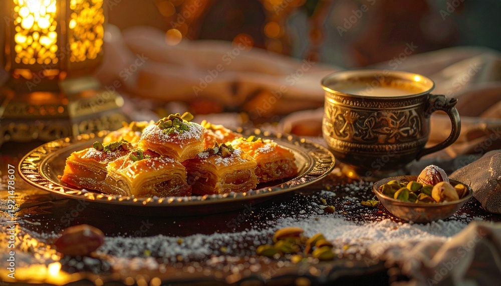 Fototapeta premium Eid al-Fitr Lebanese Knafeh and Maamoul with Arabic Coffee in Traditional Setting