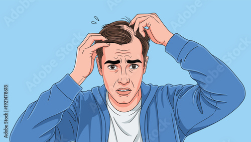 Worried young man looking in the mirror and checking his hair for signs of thinning or premature baldness with a concerned expression.