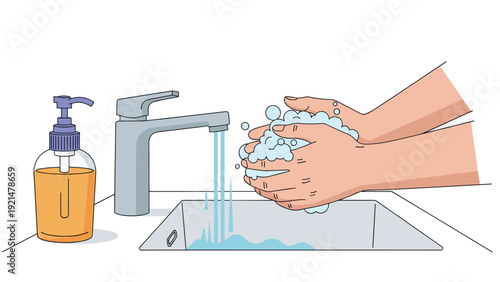 Close-up of human hands being washed with liquid soap under a running tap at a kitchen or bathroom sink for hygiene.