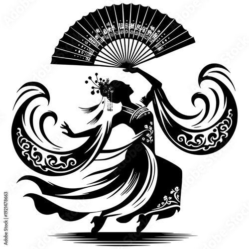 Graceful Dancer's Silhouette: A beautiful dancer in elegant traditional attire gracefully moves with a fan in hand, against a backdrop of stylized waves.