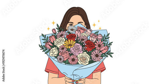 Mysterious young woman hiding her face behind a large and colorful bouquet of various flowers including roses and daisies.