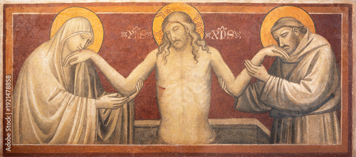Prato - The medieval fresco od Dead Christ with the St. Francis and Virgin Mary in church San Francesco (Sala del Capitolo) by Niccolo Gerini (1395 - 1400).