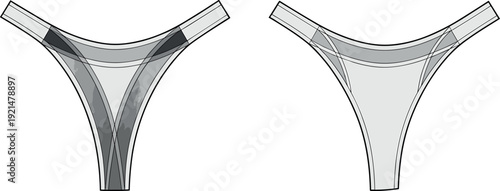 Women thong underwear technical flat sketch, front and back view vector template isolated on white background for lingerie fashion design production