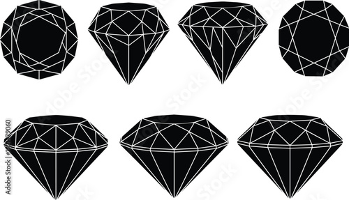 Set of Black Diamond Silhouettes Including Brilliant Cut Gemstones and Jewelry Icons Isolated on White Background for Luxury Branding Fashion Design and Vector Illustration