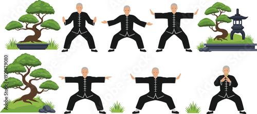 Senior man in traditional black uniform practicing Tai Chi and Qigong poses next to bonsai trees for zen meditation and healthy wellness lifestyle.
