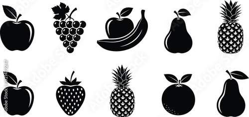 Set of Black Fruit Silhouettes Including Apple Grape Banana Pineapple Strawberry and Pear Isolated on White Background for Organic Food Healthy Lifestyle and Market Branding
