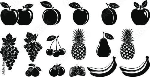 Set of Black Fruit Silhouettes Including Apple Grape Banana Pineapple Cherry and Plum Isolated on White Background for Organic Food Healthy Lifestyle and Market Branding