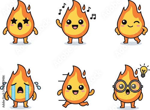 Cartoon flame characters showing singing winking crying running and having idea with glasses