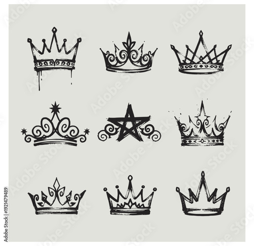 Nine black handdrawn crown illustrations and one star symbol on light background arranged in grid