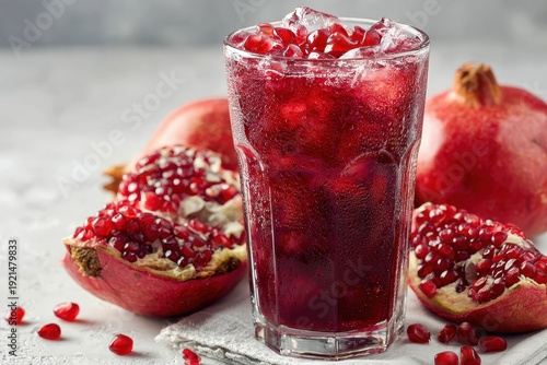Iced pomegranate juice in a glass, with fresh pomegranates around it. Showcase healthy drinks, recipes or fresh fruit promotions easily.