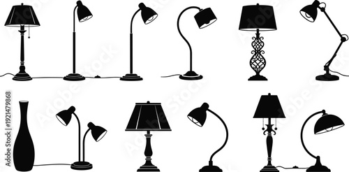 Set of Black Table Lamp Silhouettes Including Desk Lamps Modern Lighting Fixtures and Traditional Shades Isolated on White Background for Interior Design and DecorSet of Black Table Lamp Silhouettes 