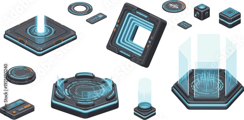 Futuristic Sci Fi User Interface Elements with Hologram Panels Neon Frames and Digital Control Pads for Game HUD Technology and Cyberpunk Design.