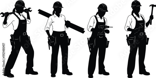 Professional female construction worker silhouettes set wearing hard hats and overalls while carrying tools, lumber, drill, and hammer for industrial building renovation projects.