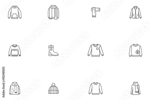 Winter clothing and cold weather apparel line icon set featuring sweaters, jackets, boots, and accessories vector