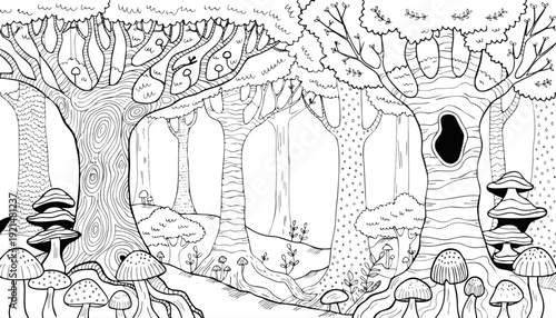 Very beautiful monochrome forest landscape banner with tall trees and scattered mushrooms, crafted in delicate line art style to evoke peaceful woodland scenery and timeless natural storytelling.