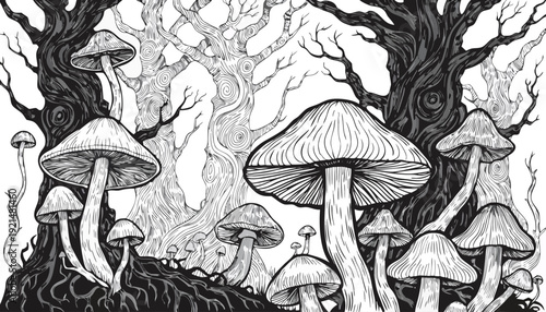 Very beautiful monochrome forest landscape banner with tall trees and scattered mushrooms, crafted in delicate line art style to evoke peaceful woodland scenery and timeless natural storytelling.