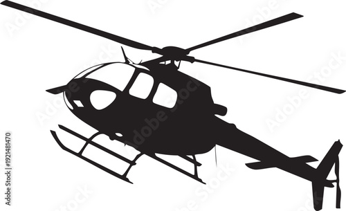 Military helicopter in flight, viewed from the side, showcasing its sleek design and rotor blades