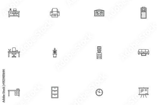 Office furniture and equipment line icon set featuring desk, chair, printer and workplace items