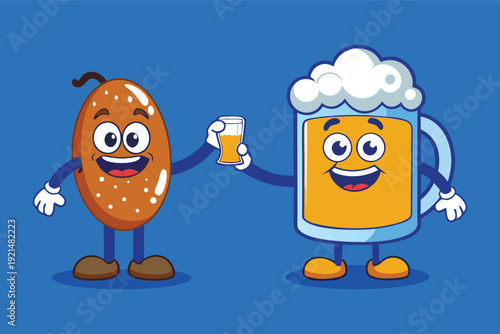 Friendly pretzel and beer cartoon characters toasting together