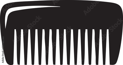 A black comb viewed from the front on a white background is a simple graphic illustration