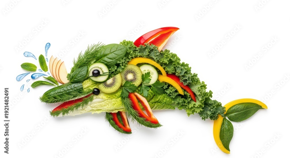 Fototapeta premium Creative dolphin made of fresh vegetables and fruits