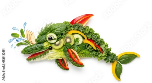 Creative dolphin made of fresh vegetables and fruits