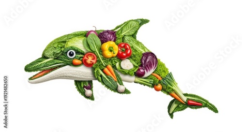 Creative dolphin made of fresh vegetables, healthy food concept