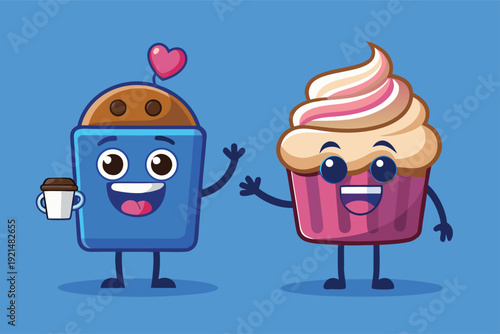 Friendly coffee cup and cupcake characters sharing a happy moment