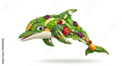 Creative dolphin made of fresh vegetables, healthy eating