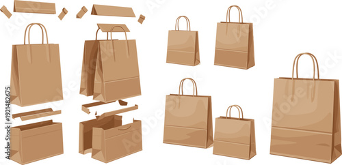 Kraft Paper Shopping Bag Mockup Set with Different Sizes and Folded Packaging Elements for Retail Branding Eco Friendly Product Presentation Design.