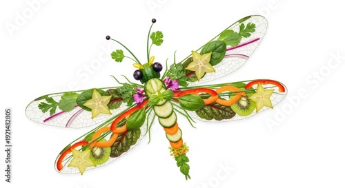Creative dragonfly made of fresh vegetables and fruits