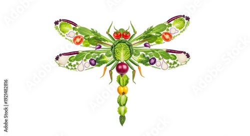 Creative dragonfly made of fresh vegetables and fruits