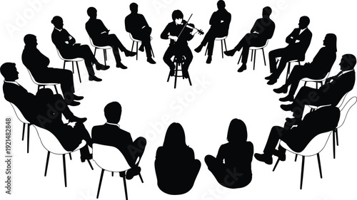 Black silhouette of a violinist performing for a diverse audience sitting in a circle during an intimate indoor live music concert