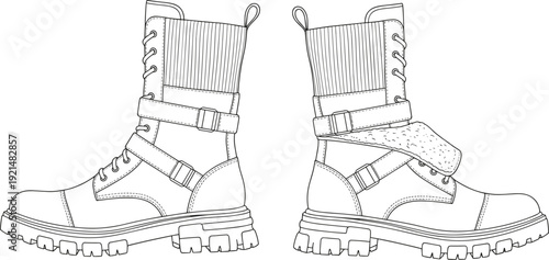 Combat boots footwear line art flat vector illustration, fashion design, lace-up shoes, straps and buckles, rugged sole product artwork