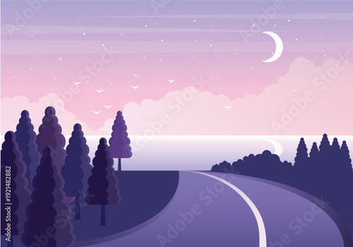 Cozy night vector landscape illustration